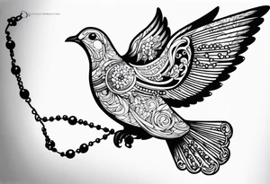 A dove in flight carrying rosary beads tattoo idea