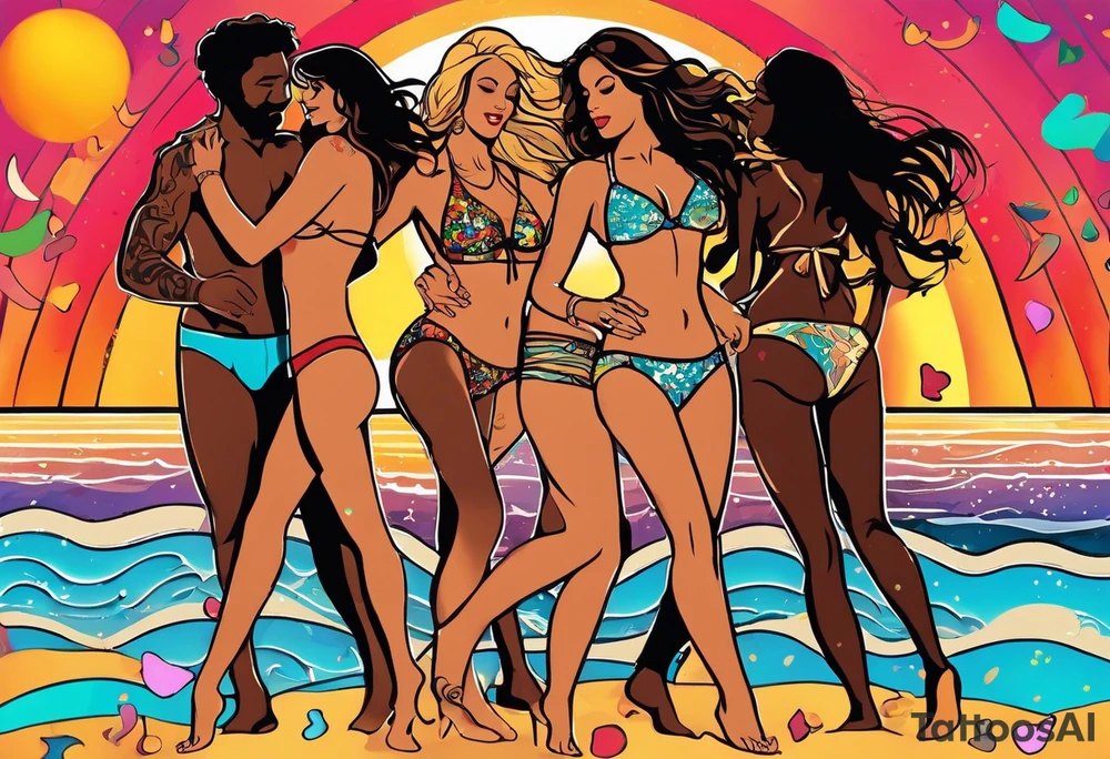 1970'S BEACH DANCE PARTY 
party, include confetti, music notes, 
, bikinis sunset in the center tattoo idea