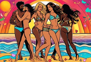 1970'S BEACH DANCE PARTY 
party, include confetti, music notes, 
, bikinis sunset in the center tattoo idea