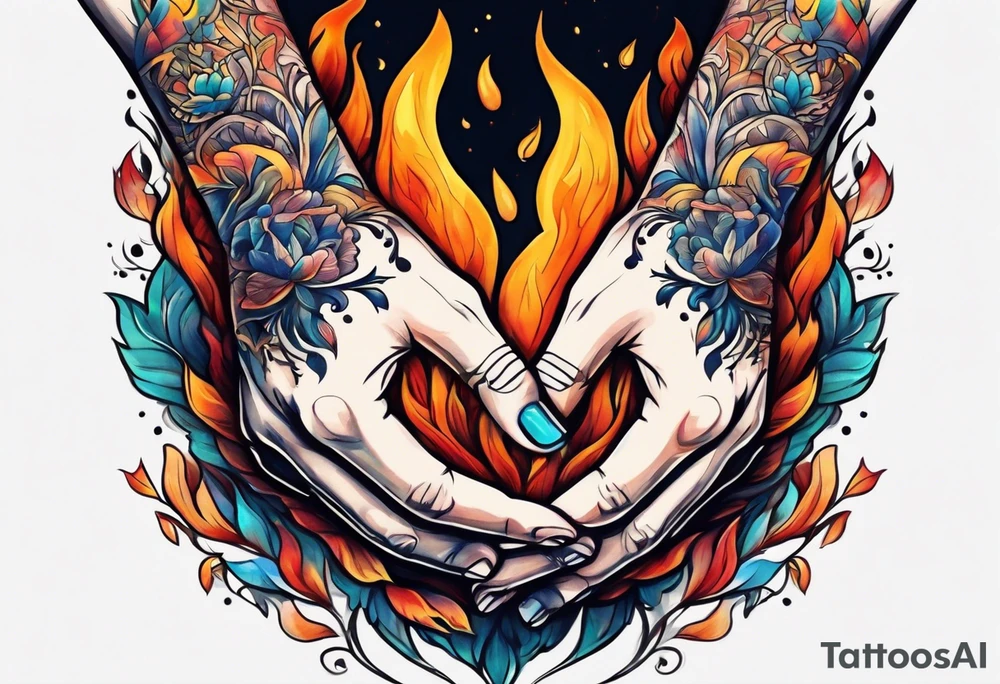 Hands holding each other, flame tattoo on one hand tattoo idea