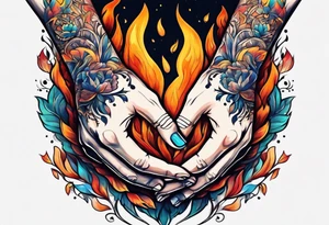 Hands holding each other, flame tattoo on one hand tattoo idea