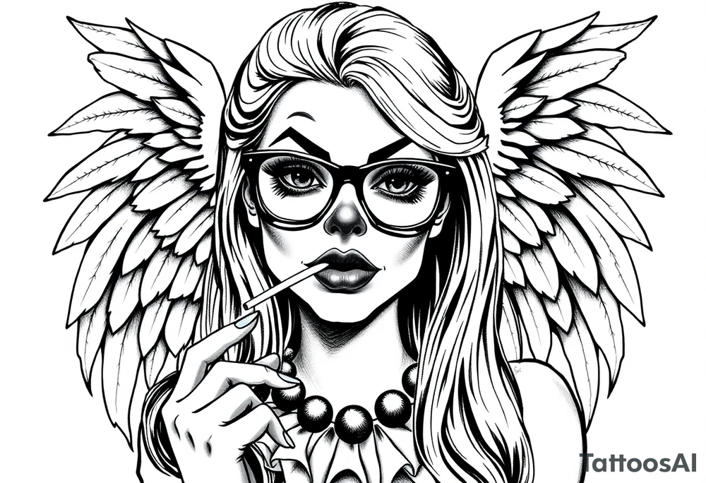 beautiful long hair pin up Clown Girl thug eyeglasses angelic wings smoking a cigarette tattoo idea