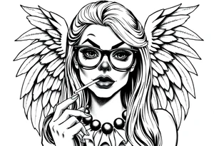 beautiful long hair pin up Clown Girl thug eyeglasses  angelic wings smoking a cigarette tattoo idea