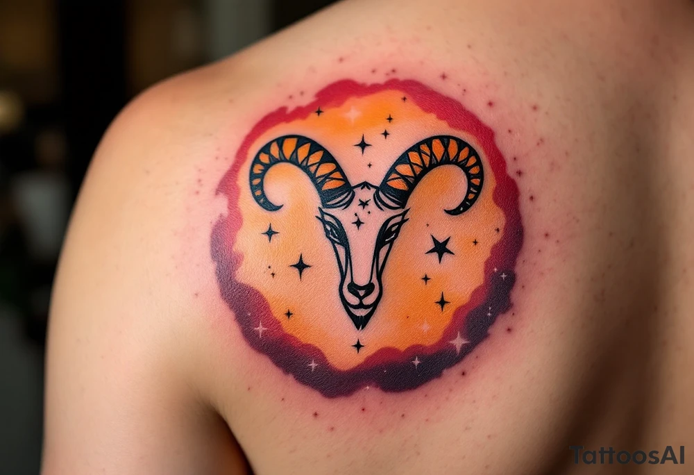 The Aries star constellation tattoo in black ink against an ombré background fading from orange to scarlet. tattoo idea