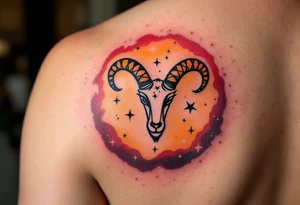 The Aries star constellation tattoo in black ink against an ombré background fading from orange to scarlet. tattoo idea