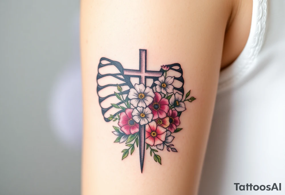 A tattoo with A tattoo featuring ribs and a cross symbolizes the journey from death to life. Include a bouquet of the following flowers emerging from the life side: Morning Glory, Lily of the Valley, Daffodil, Rose, Poppy, and Violet. and a cross representing from death to life. Incorporate the following flowers in a bouquet coming out of the life side. Morning Glory, Lily of the Valley, Daffodil, Rose, Poppy, Violet tattoo idea