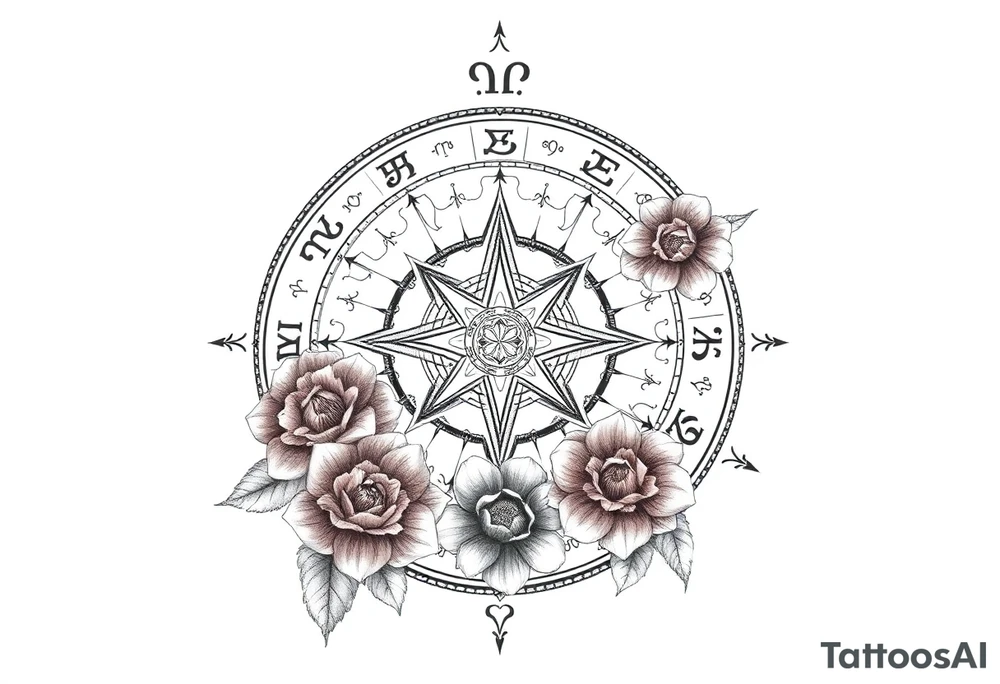 zodiac symbols the elements and Norse runes within ornate compass with roses lilly sunflowers tattoo idea