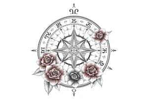 zodiac symbols the elements and Norse runes within ornate compass with roses lilly sunflowers tattoo idea