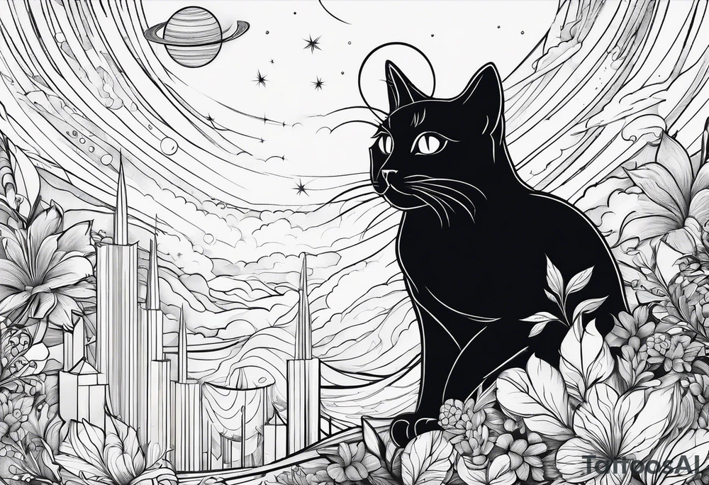 cat in space surrounded by line tattoo idea