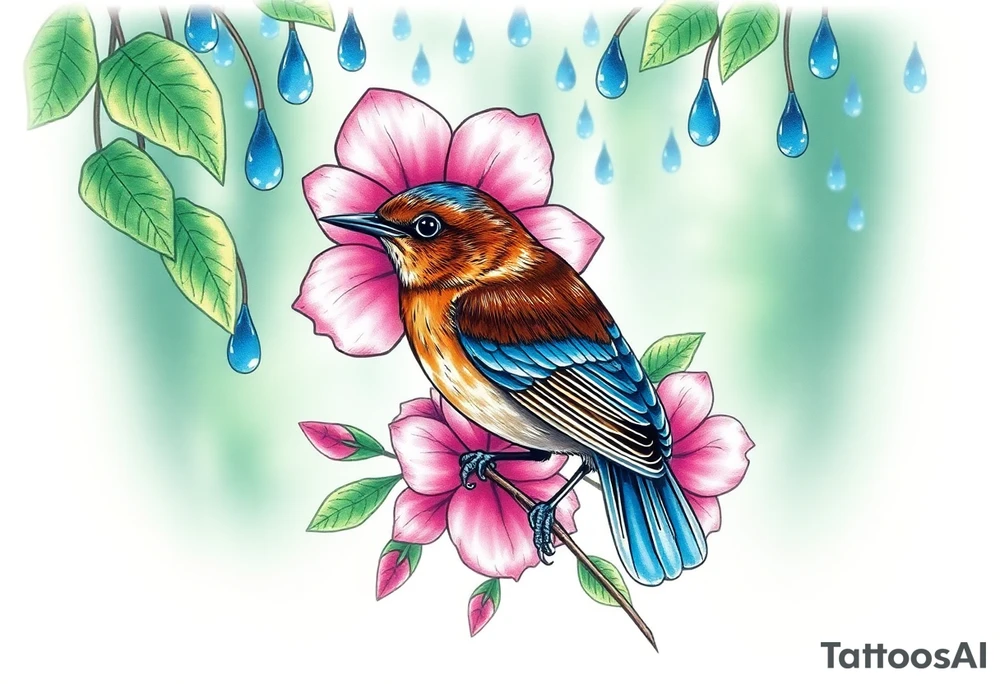 green forest background
blue rain drops
pink camelia flower
blue brown wren bird tattoo idea