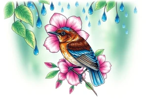 green forest background
blue rain drops
pink camelia flower
blue brown wren bird tattoo idea