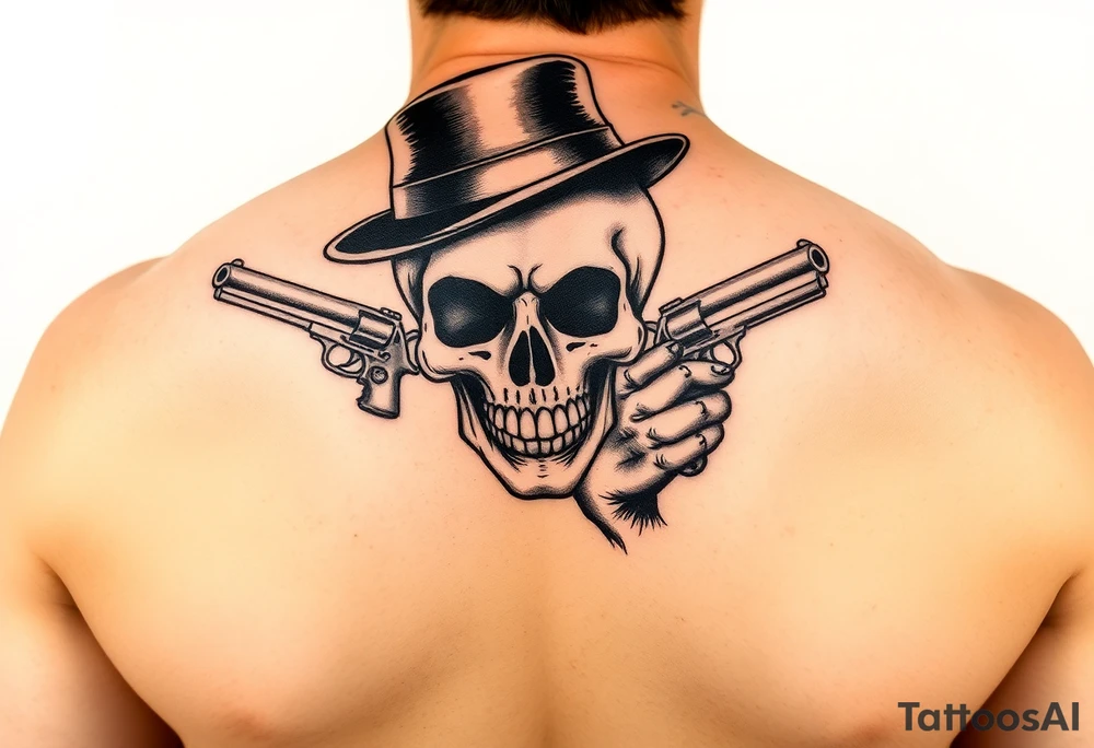 voodoo skull, top hat, dead mans card hand, six guns tattoo idea