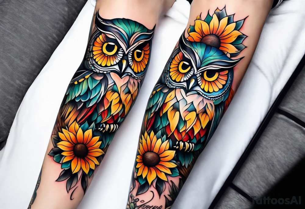 Leg sleeve with colorful sunflowers and an owl tattoo idea