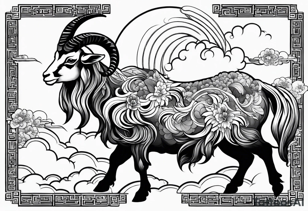 full body goat with kumo clouds in traditional Japanese art style tattoo idea