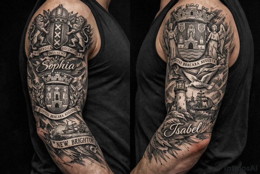 Crests of Amsterdam and Braga and New Brighton. My daughters names Sophia and Isabel. tattoo idea