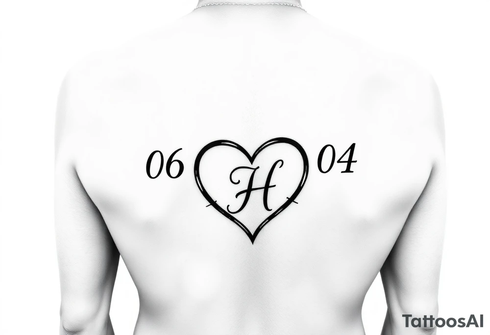 06-09-04 written fancy and under it is a heart inside the heart is a letter H in cursive on the lower back waist tattoo idea