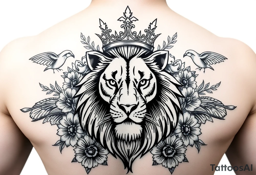 powerful majestic lion with a crown, surrounded by floral ornaments and birds tattoo idea