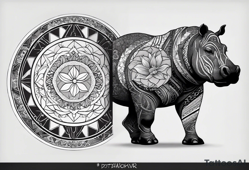 Very asymmetrical, +geometric pattern, with realistic full moon, with hippo at side look, +tribal, +geometric, +inkart , +blackwork, +grey scale, + sketch
with wintersweet flower bud, +inkart touch, +for men tattoo idea