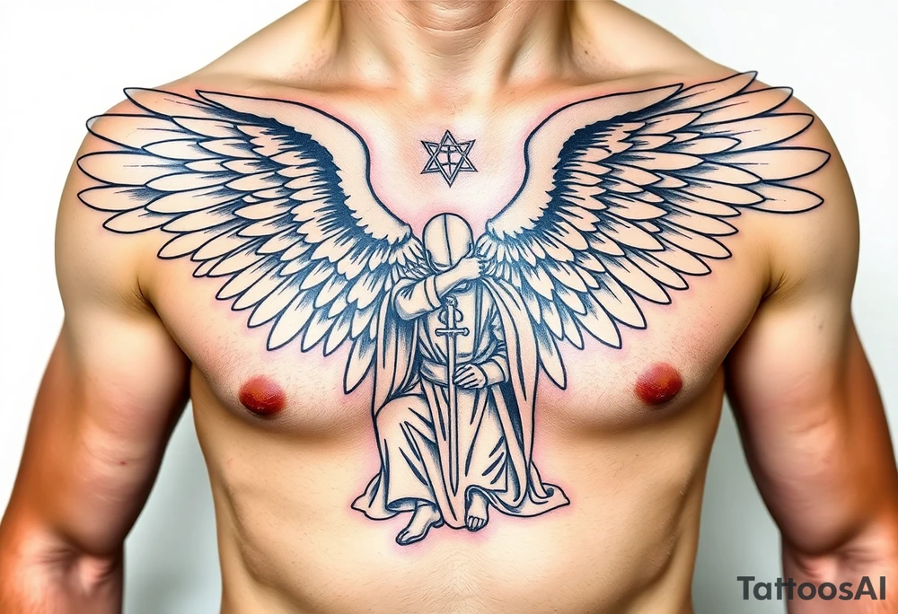 An angelic figure with massive wings standing behind a kneeling Templar, her hand resting on his shoulder in divine guidance tattoo idea