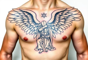 An angelic figure with massive wings standing behind a kneeling Templar, her hand resting on his shoulder in divine guidance tattoo idea