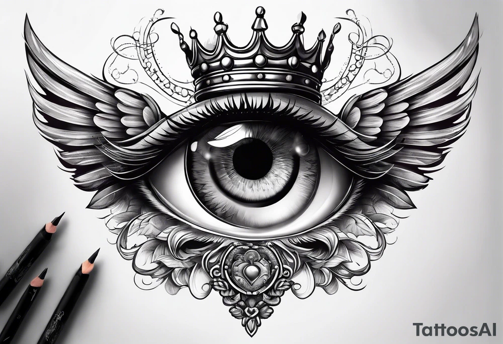 big eye with wings and crown tattoo idea
