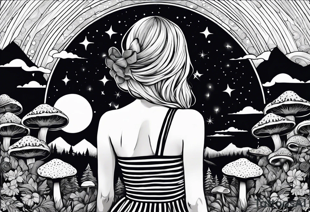 Straight blonde hair girl facing away toward mountains surrounded by mushrooms crescent moon circular design black and white striped dress tattoo idea