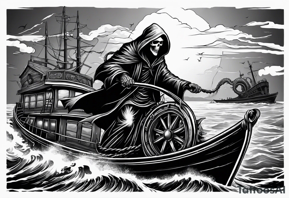 Grim reaper riding a ferry with a kraken in the background tattoo idea