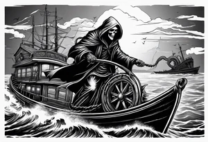 Grim reaper riding a ferry with a kraken in the background tattoo idea