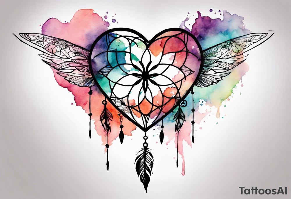 Watercolor tattoo of heart shaped dream catcher with cross going through the heart. Dragonfly flying on side tattoo idea