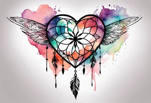 Watercolor tattoo of heart shaped dream catcher with cross going through the heart. Dragonfly flying on side tattoo idea