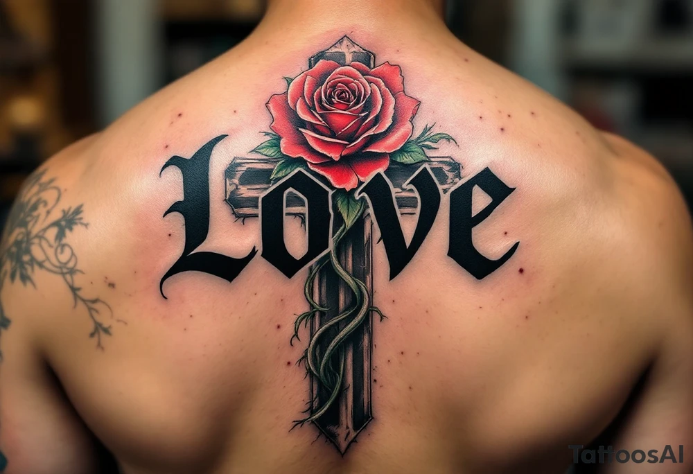 Bold black gothic font with a cross behind it in shadowy gray and a rose winding around the letters in red and green love faith hope. tattoo idea