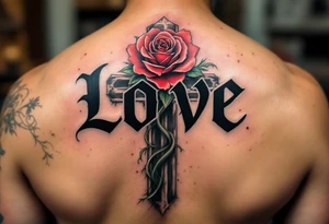 Bold black gothic font with a cross behind it in shadowy gray and a rose winding around the letters in red and green love faith hope. tattoo idea