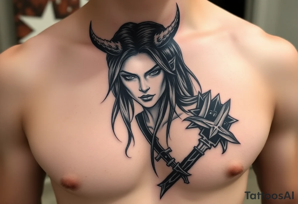 Feminine Tattoo dark female warrior with realistic horns just barley touching collarbone with a lot of shading tattoo idea