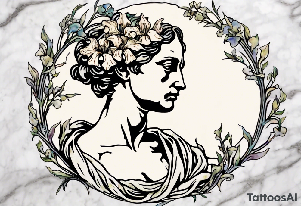 Create a colorful Vincent van Gogh Irises tattoo with an ancient Greek female statue in the middle in white marble. The tattoo should take the form of a crescent, with vines gracefully intertwining at a central point in the middle of the wreath.  The intended placement is on the upper chest. The overall design should be small in size while maintaining a delicate and artistic aesthetic. Pay attention to the graceful flow of the vines and the placement of the irises to achieve a refined and elegant look. tattoo idea
