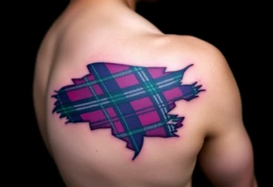 Side of arm Dark Purple with green pink blue and white highlights tartan fabric 
with skin ripping away at edges tattoo idea