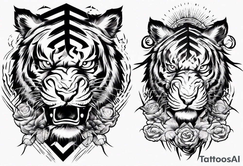 tiger warrior with lightning and the sun for a forearm sleeve tattoo idea