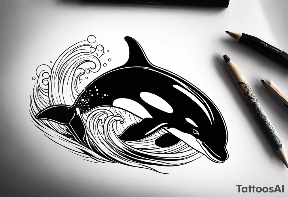 A male orca, black tattoo, 6-7 cm. sun beams in water, male orca diving down, tattoo viewpoint is half in water half out, maybe the big male dorsal fin is out of water on top if it looks good. maybe in a circle or square. underwater tattoo idea