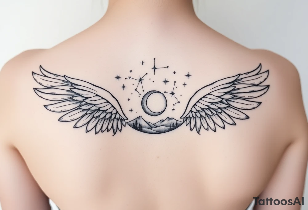 Night sky with constellation, stars & moon seen from a frame of natural landscape angel wings spiritual tattoo idea