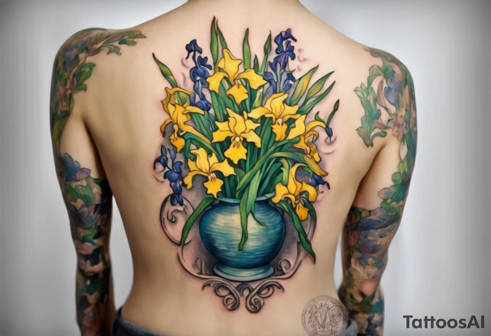 Create a colorful Vincent van Gogh Irises tattoo with a ancient greek female statue in the middle. The tattoo should take the form of a crescent, with vines gracefully intertwining at a central point in the middle of the wreath.  The intended placement is on the upper chest. The overall design should be small in size while maintaining a delicate and artistic aesthetic. Pay attention to the graceful flow of the vines and the placement of the irises to achieve a refined and elegant look. tattoo idea