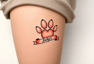 A paw print intertwined with a hearts and ribbon bearing a name Lucky, using a soft gradient of peach and rose gold tattoo idea