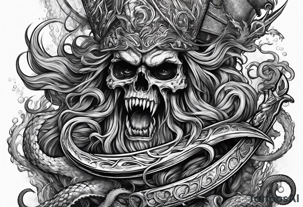 Kraken attacking Poseidon thrusting trident tattoo idea