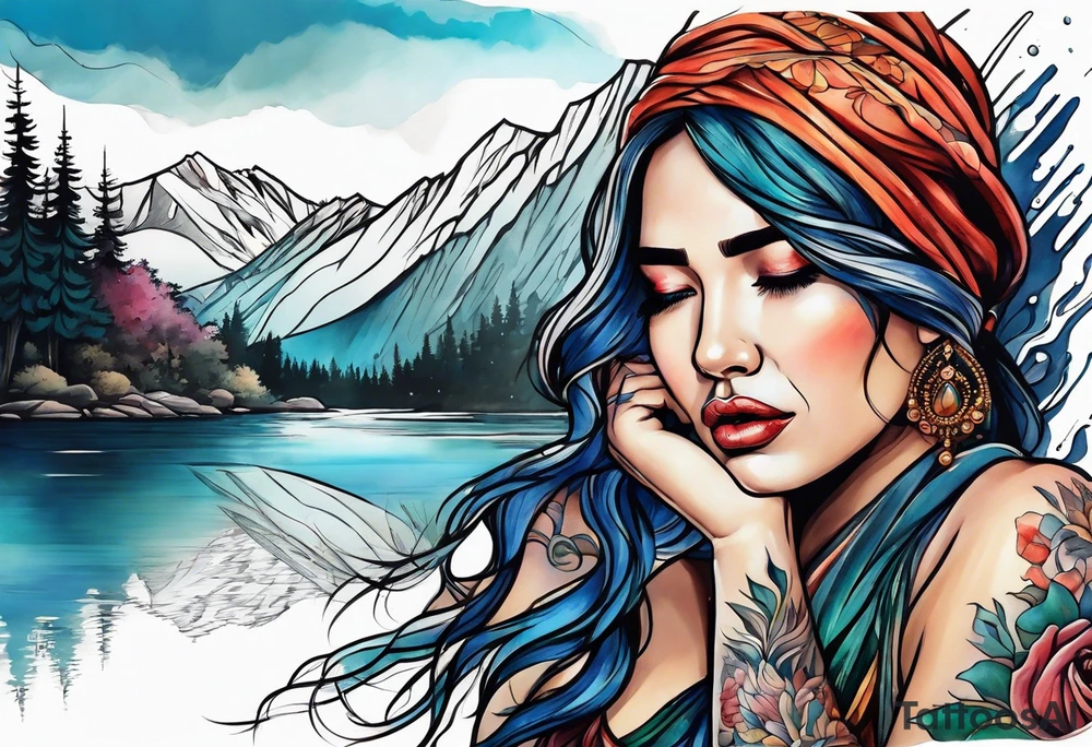 Woman crying at a river tattoo idea