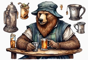 a bear-human hybrid with a long beard wearing a tunic and Phrygian cap and drinking from a pewter mug in a tavern, sitting in a chair, laughing tattoo idea
