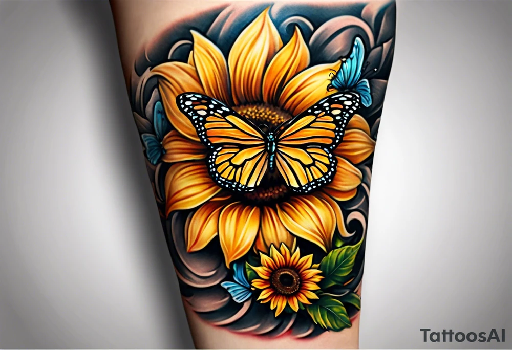 Arm sleeve with Winged cross with sunflower and butterflies tattoo idea