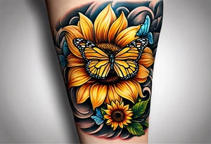 Arm sleeve with Winged cross with sunflower and butterflies tattoo idea