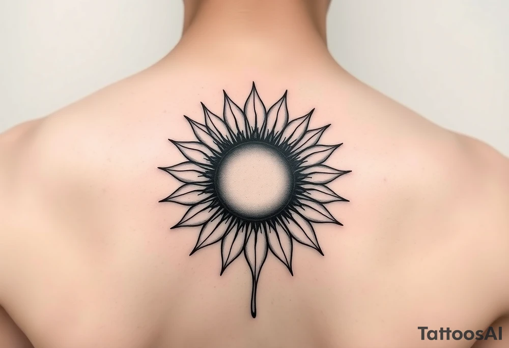 Half Sunflower, half sun tattoo that will "shine" on my bicep with stem, fine line and feminine tattoo idea