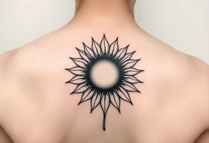 Half Sunflower, half sun tattoo that will "shine" on my bicep with stem, fine line and feminine tattoo idea