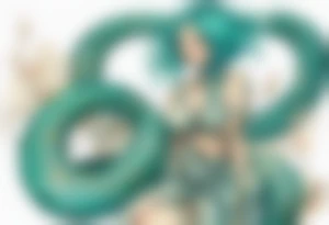 A beautiful woman with teal hair who is a serpent from the waist-down with turquois scales. tattoo idea