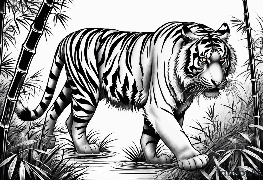 pouncing Tiger in bamboo forest tattoo idea