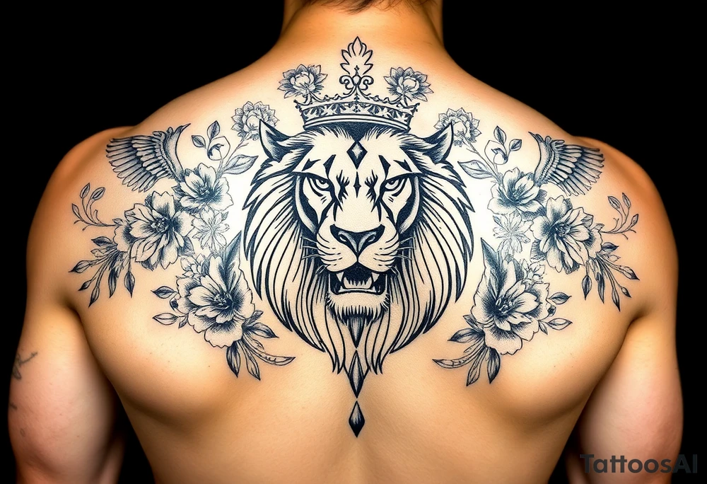 powerful majestic lion with a crown, surrounded by floral ornaments and birds tattoo idea
